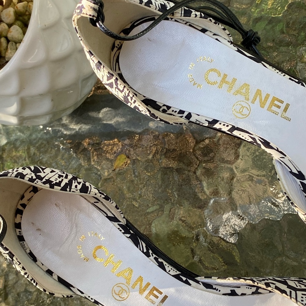 Chanel Vintage Black & White Logo Wedge Strappy Heels - Picture 6 of 16